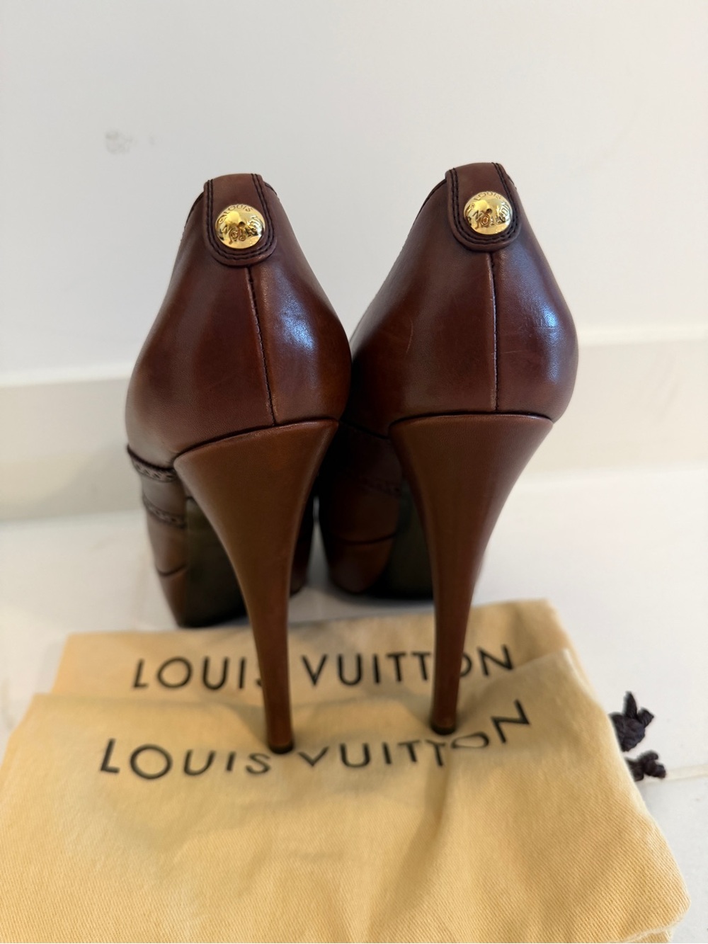 Louis Vuitton Brown Leather Peep-Toe Lace-Up Pumps - Picture 3 of 11
